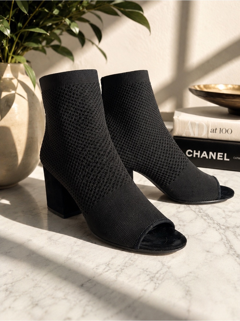 Eileen Fisher Black Knit Peep Toe Booties | Size 10 | Block Heel
